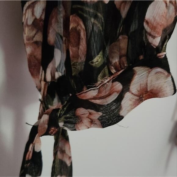 Floral Cold Shoulder Top Long Sleeve Sheer Blouse Tie Cuffs - Picture 3 of 8